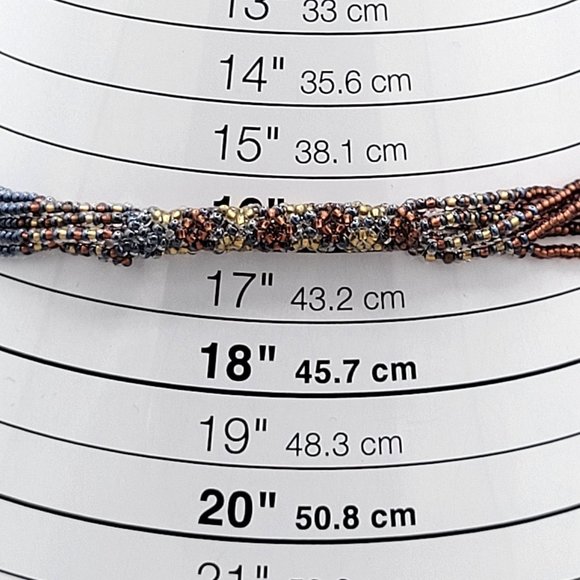 Handcrafted Multi Strand Seed Bead Boho Necklace Brown Gold 16 in Button Close - Picture 9 of 9
